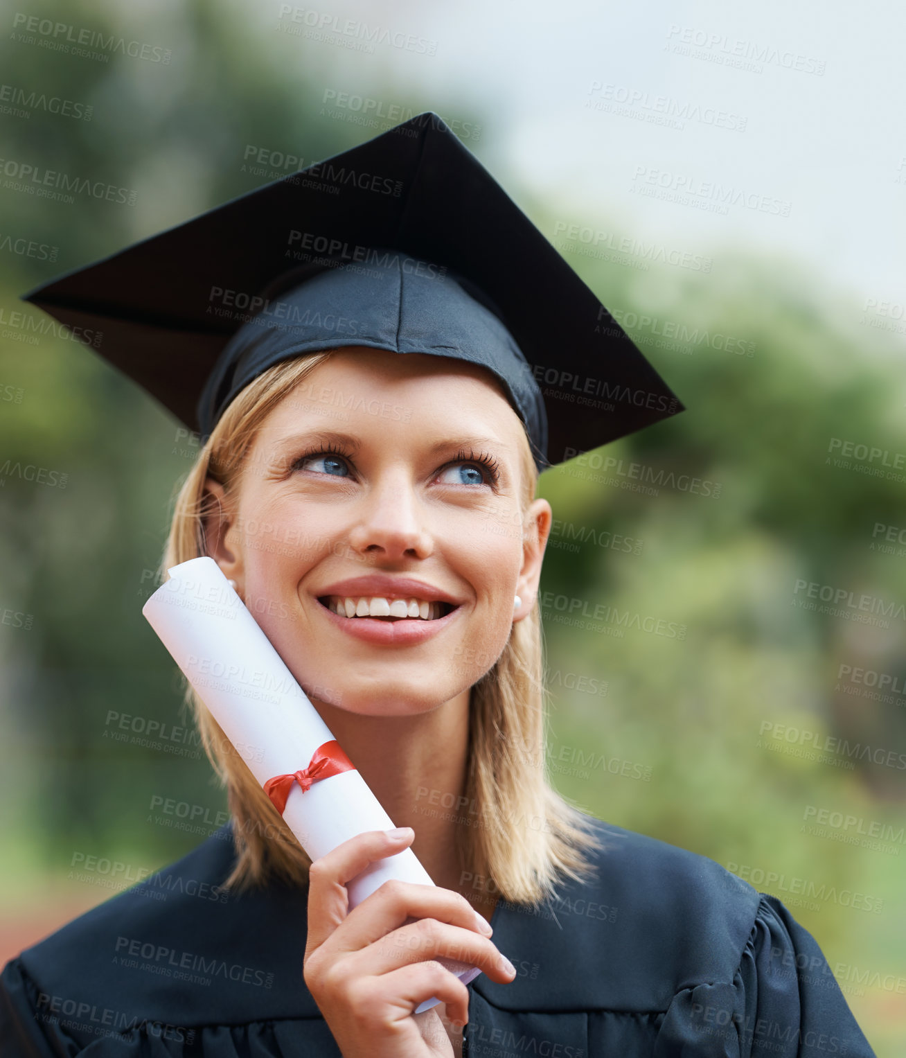 Buy stock photo University graduation, campus or woman thinking of education, future goals and studying for opportunity. College graduate dream in nature for award, certified achievement or scholarship for knowledge