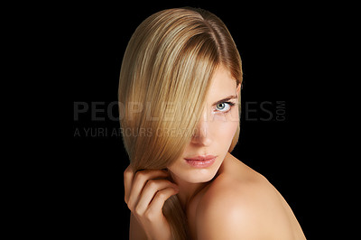 Buy stock photo Portrait of a beautiful blonde woman isolated on black