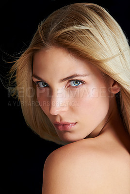 Buy stock photo Styling, hair care and portrait of woman with confidence, straight hairstyle or keratin glow isolated in dark studio. Beauty, salon treatment or face of girl with healthy haircare on black background