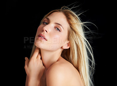 Buy stock photo Beauty, hair care and portrait of woman with confidence, straight hairstyle or keratin glow isolated in dark studio. Styling, salon treatment or face of girl with healthy haircare on black background