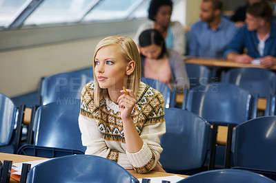 Buy stock photo University, thinking and student with ideas, brainstorming for a project or learning with planning. People, group or girl with wonder or thoughts with opportunity or education with knowledge or study