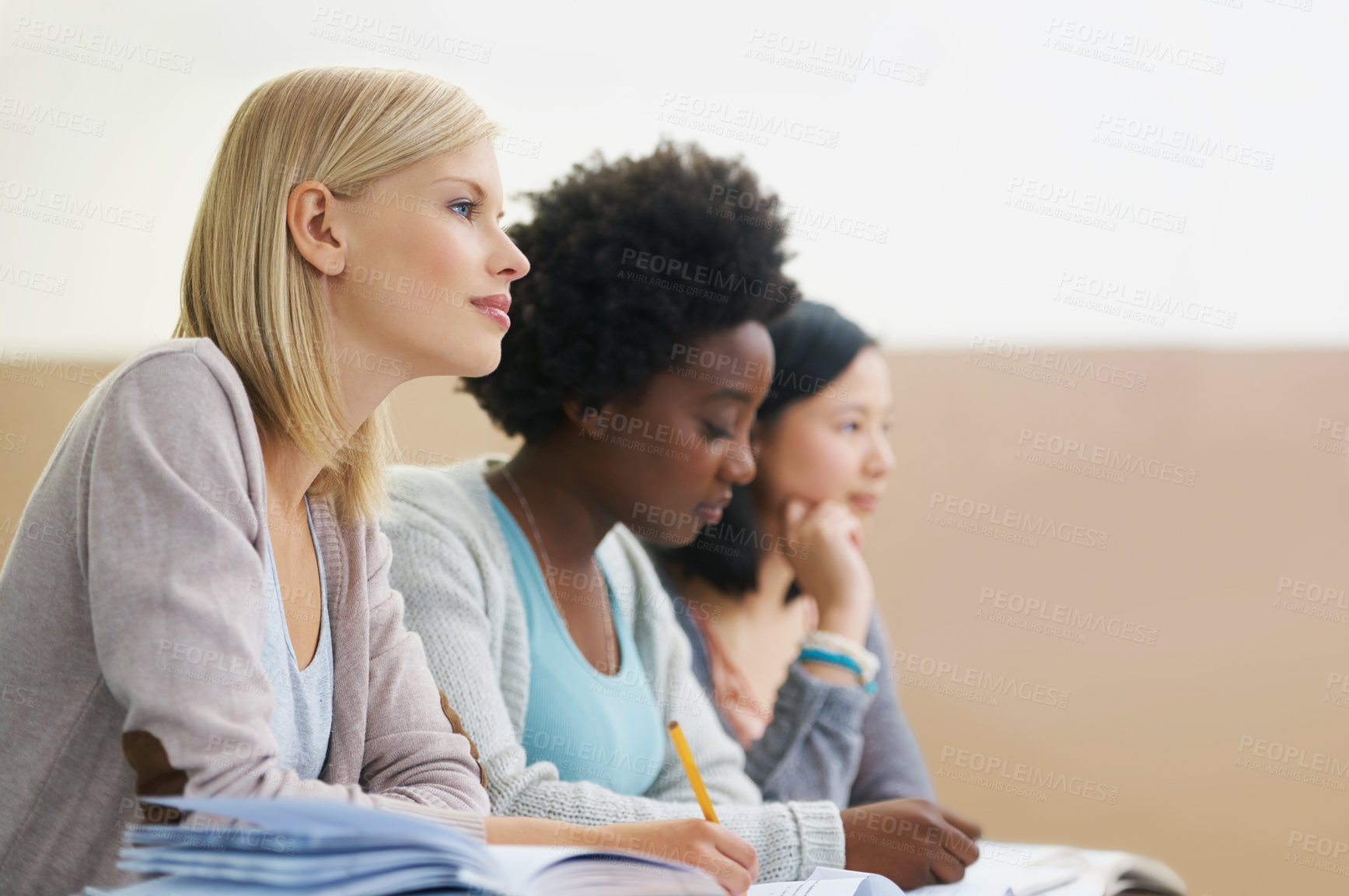 Buy stock photo Students, university and notes for studying in classroom, information and assignment. People, books and knowledge in education for learning, problem solving and ideas for solution in assessment