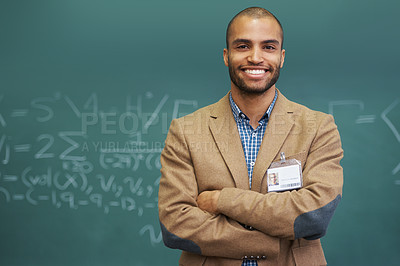 Buy stock photo Teacher, portrait and chalk board for math class or education learning or professor, university or confidence. Male person, lecturer and face at USA college or studying numbers, equations or geometry