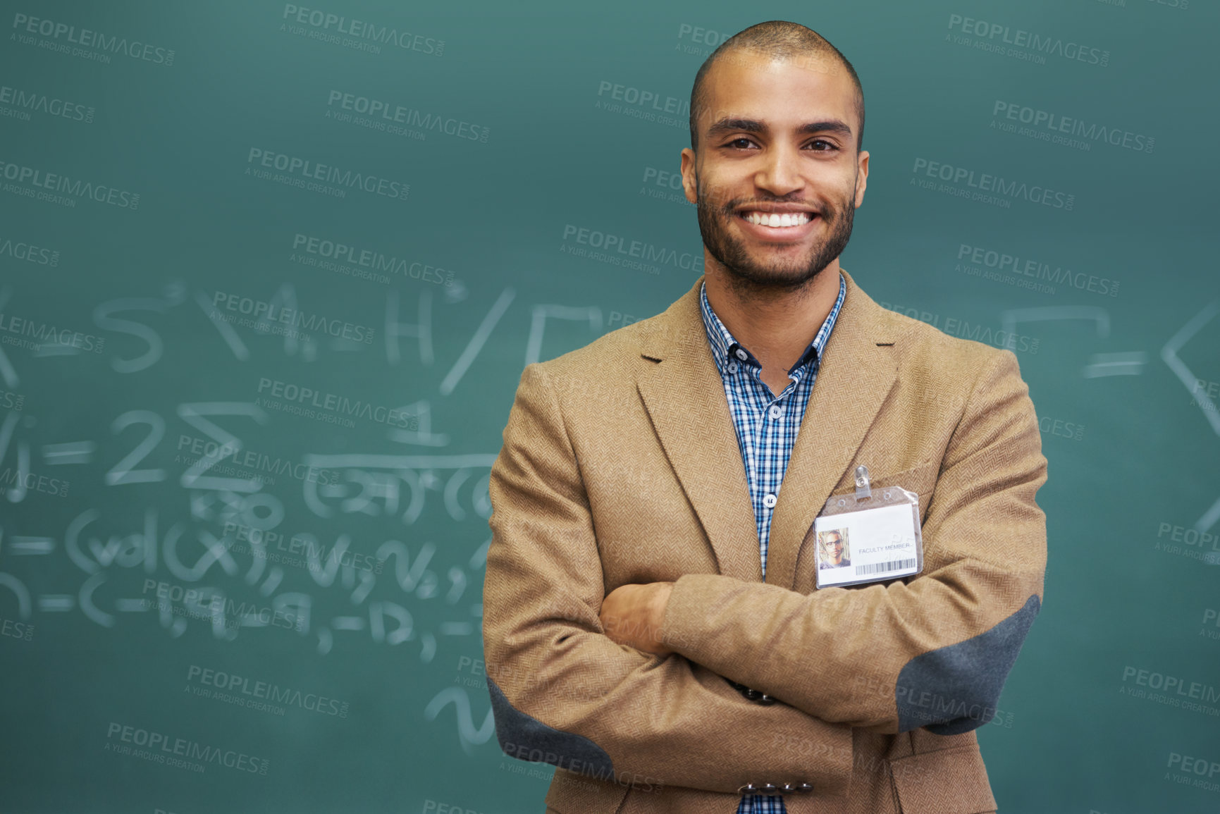 Buy stock photo Teacher, portrait and chalk board for math class or education learning or professor, university or confidence. Male person, lecturer and face at USA college or studying numbers, equations or geometry