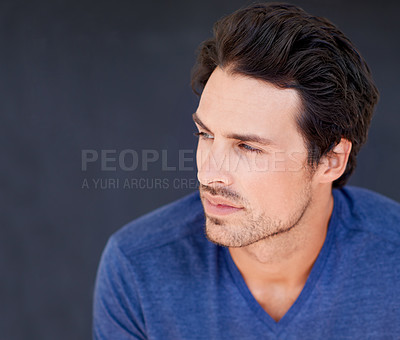 Buy stock photo Serious, thinking and man in studio on dark background with ideas for future or remember history. Planning, decision and person with doubt, question a memory or consider a solution to problem solving