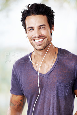 Buy stock photo Portrait, man and happy with earphones for mental health podcast, music or streaming online. Face, male person and listening to audio on headphones with smile for wellness, enjoyment or relaxing