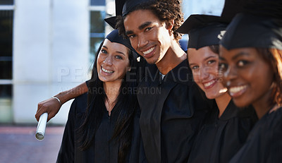 Buy stock photo Friends, students and portrait at graduation, embrace and united for university success or achievement. People, smile and pride at outdoor ceremony, education and degree or scroll for qualification