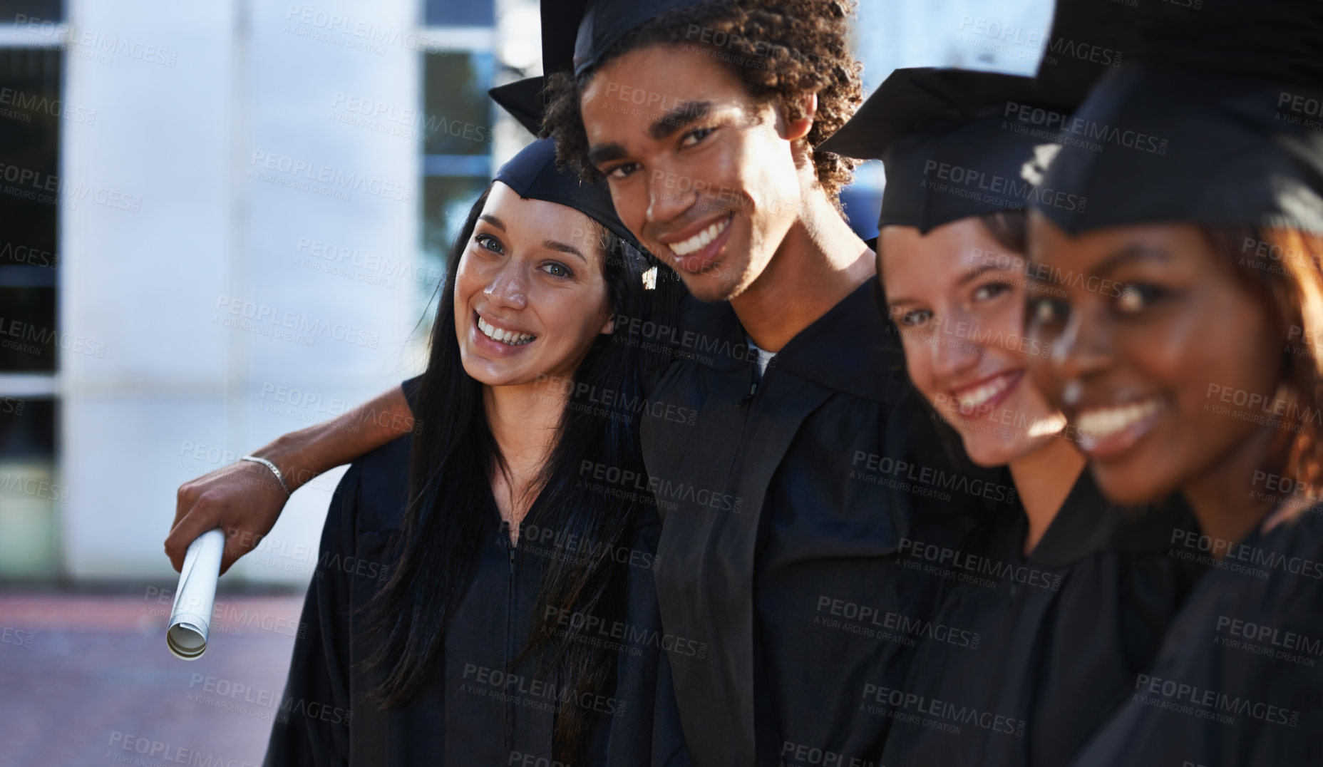 Buy stock photo Friends, students and portrait at graduation, embrace and united for university success or achievement. People, smile and pride at outdoor ceremony, education and degree or scroll for qualification