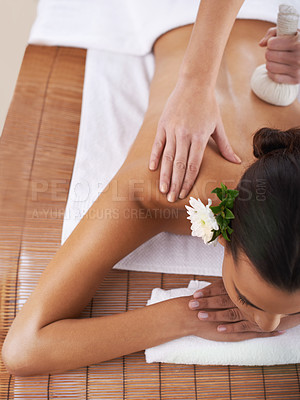 Buy stock photo Relax, massage and woman with luxury, spa and stress relief with wellness and healthy skincare. People, customer and client with shine or glow with beauty or vacation with salon treatment or grooming