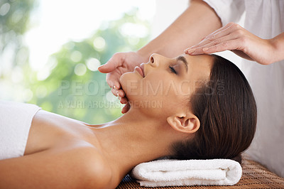 Buy stock photo Luxury, face and spa with woman, massage and customer with healthy skincare, aesthetic and relaxing. Person, wellness and clients with facial and salon treatment with grooming, smooth and peaceful