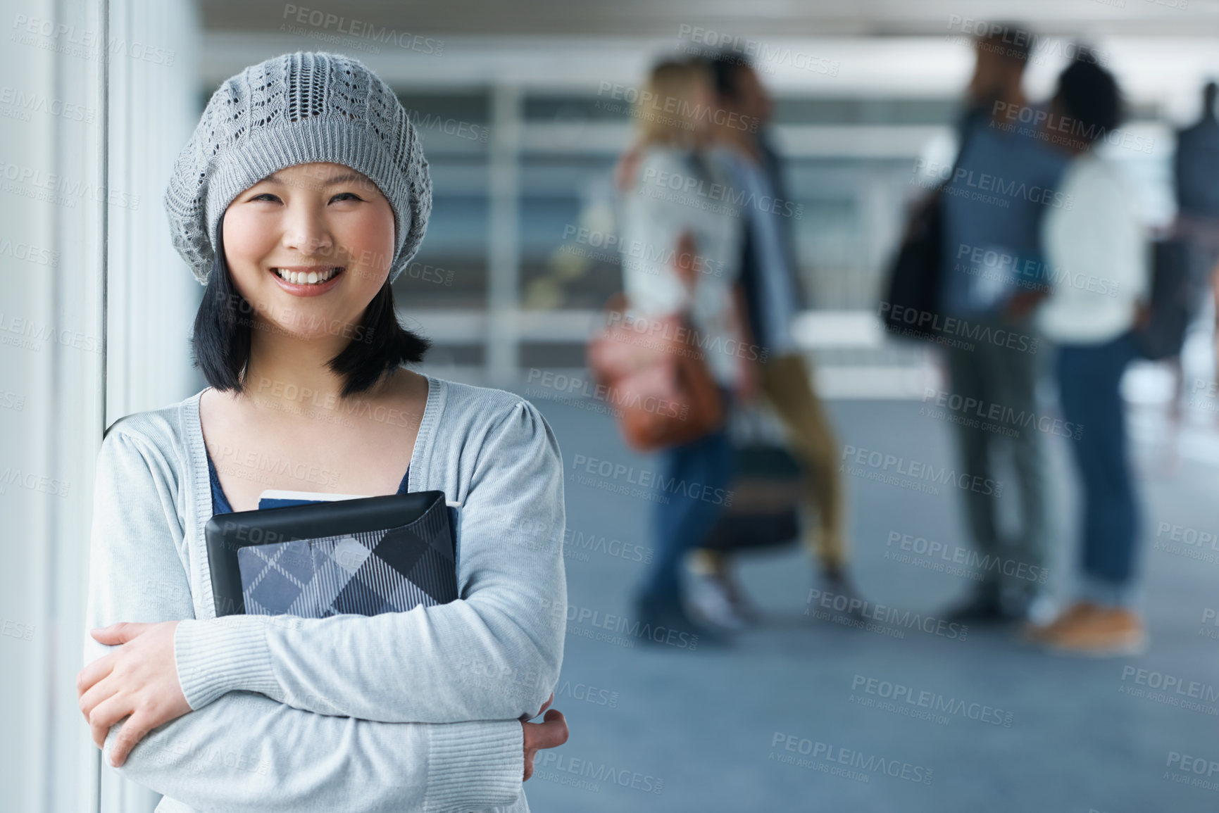 Buy stock photo University, college and portrait of Asian woman with books in hallway for learning, studying and knowledge. Education, college and happy student with textbooks for notes and knowledge on campus
