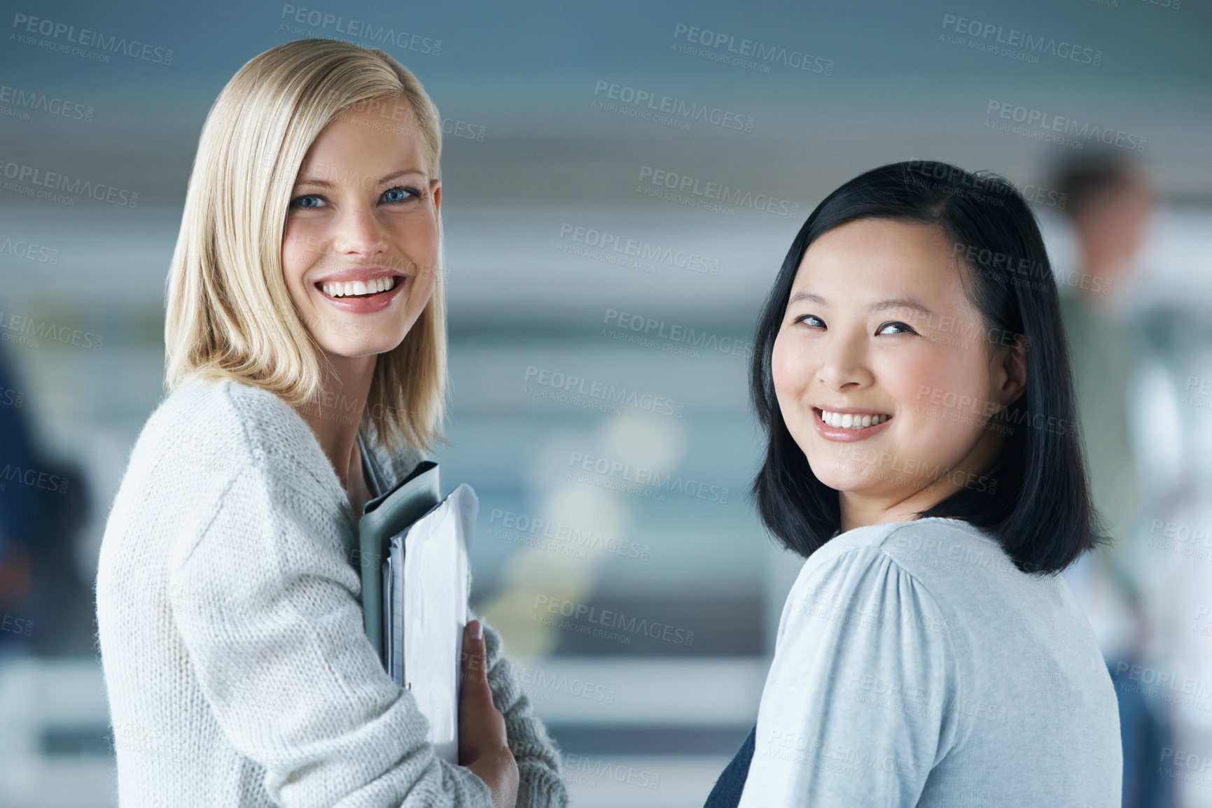 Buy stock photo Portrait, friends and happy students in university for learning, knowledge and girls together with books. Face, smile and women in college, school and diversity of people at campus for education