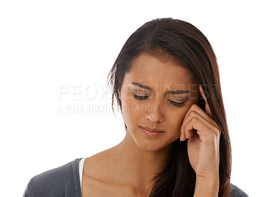 Buy stock photo Stress, frustrated and a woman with a headache, burnout and model isolated on a white studio background. Person, anxiety and girl with a migraine and massaging temples with fatigue or tired with pain