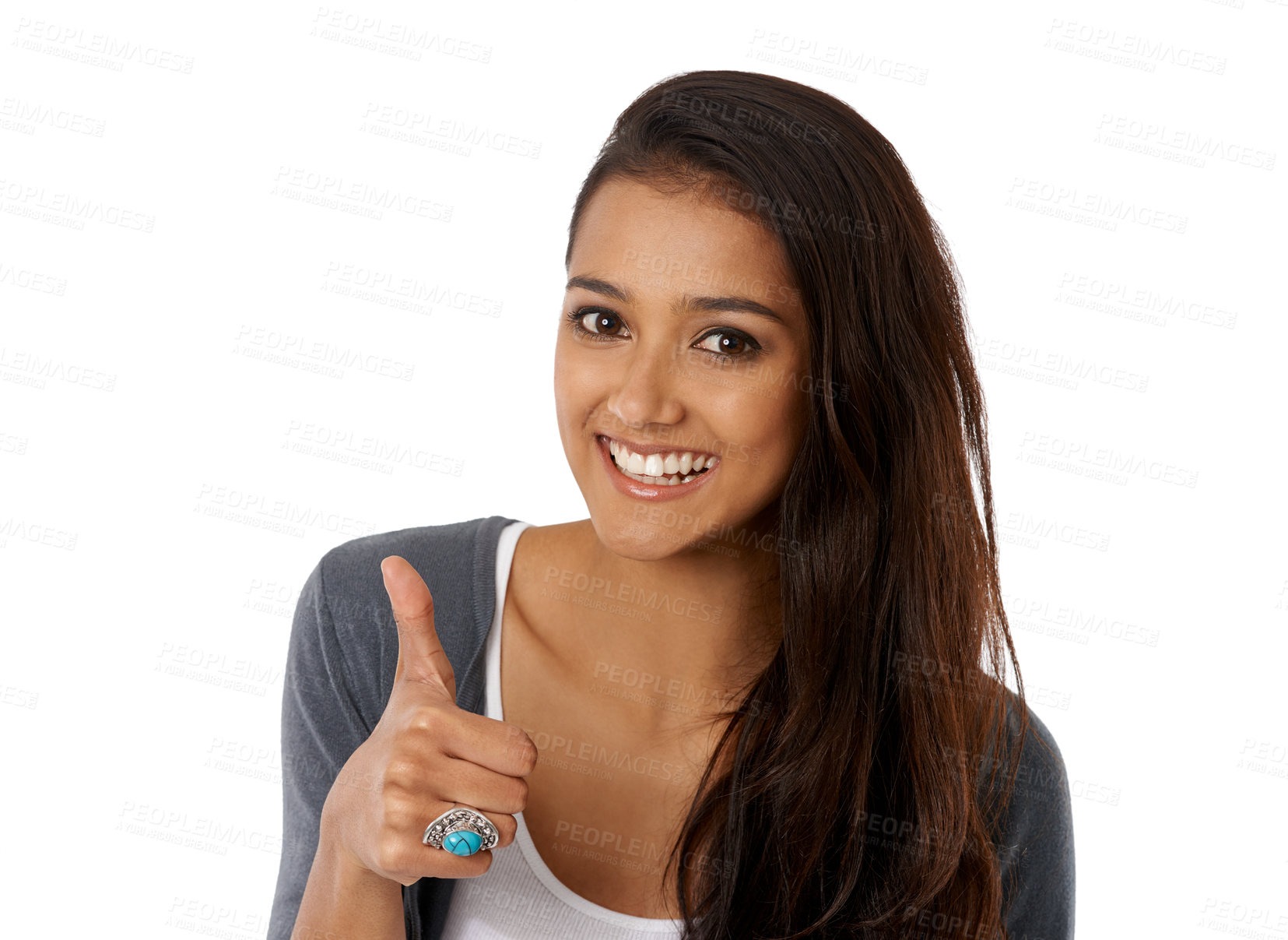 Buy stock photo Woman, portrait and happy with thumbs up in studio for thank you, support or hand gesture with mockup space. Person, yes emoji and agreement for achievement, winning or success with white background 