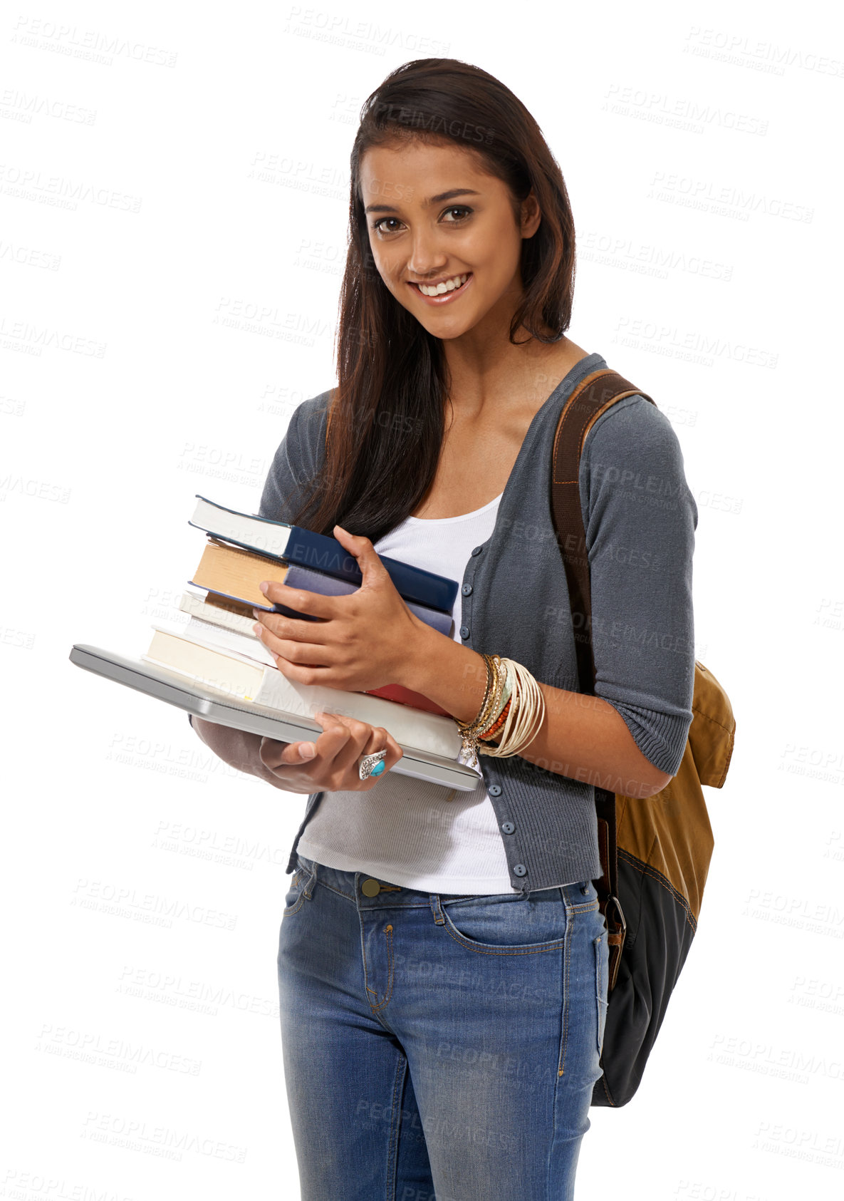Buy stock photo Woman, student and books in studio portrait, ready and textbooks for knowledge on white background. Female person, backpack and smile for studying, education and preparing for university or college