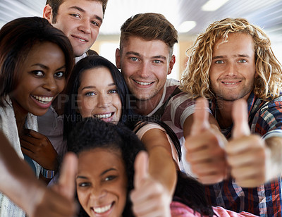Buy stock photo Friends, students and thumbs up for college, portrait and promotion for university and education. People, diversity and approval for school or agreement, academy and thank you for knowledge in class