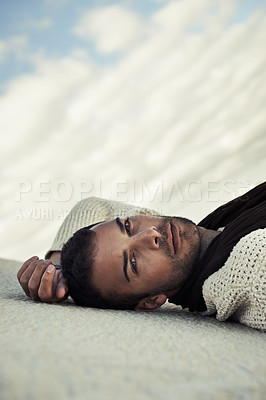 Buy stock photo Fashion, sand or portrait of man in the desert for travel in summer to relax on holiday vacation. Wellness, male person or face of model on outdoor adventure with confidence or cool style in nature