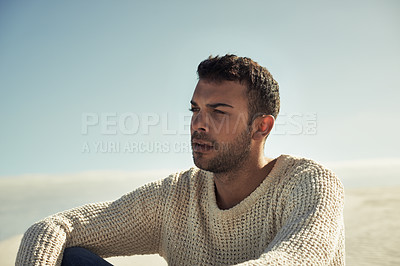Buy stock photo Fashion, sand or model in the desert thinking of travel in summer to relax on holiday vacation. Outdoor closeup, male person or face of man on ground with confidence, ideas or cool style in nature