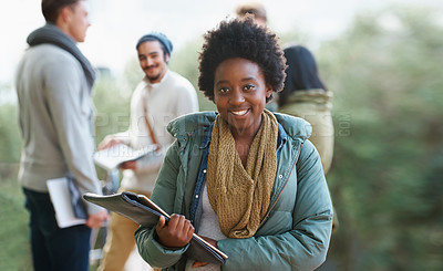 Buy stock photo Black woman, portrait and student outdoor with books for studying, learning and education for academic growth. Knowledge, scholarship and degree with smile on campus, college with textbook or folder