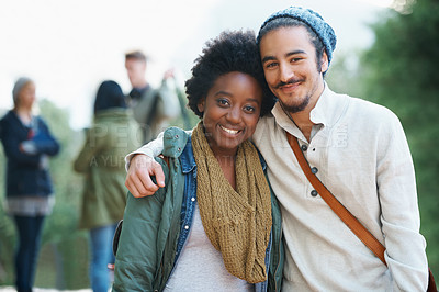 Buy stock photo Students, university and portrait of interracial couple of friends on campus with hug and an embrace together outdoor. College, school education and diversity with a happy smile ready for class