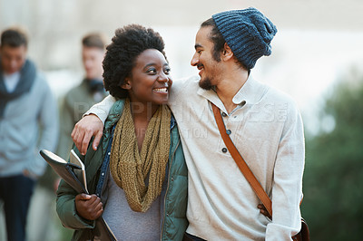 Buy stock photo Students, university and couple of friends on campus with hug and an embrace together outdoor. College, school education and diversity with a happy smile from bonding and walking to class for study