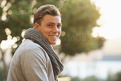 Buy stock photo Portrait, man and outdoor for fashion in smile on urban town with confidence, happy and travel in winter with style. Outfit, clothes and trends for cold weather, trip and holiday in New York.
