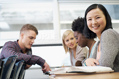 Buy stock photo Portrait, learning or students in library studying education, knowledge or paperwork in college project. Explain, university or group of friends with teamwork in school meeting for research or books