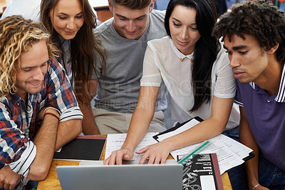 Buy stock photo Happy, students and working together on laptop in classroom, assignment and online project in university. Scholarship, typing and collaboration in college by computer and blog for academic research