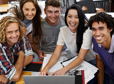 Buy stock photo Portrait, students and working together on laptop in classroom, assignment and online project in university. Scholarship, face or collaboration in college with diversity or blog for academic research