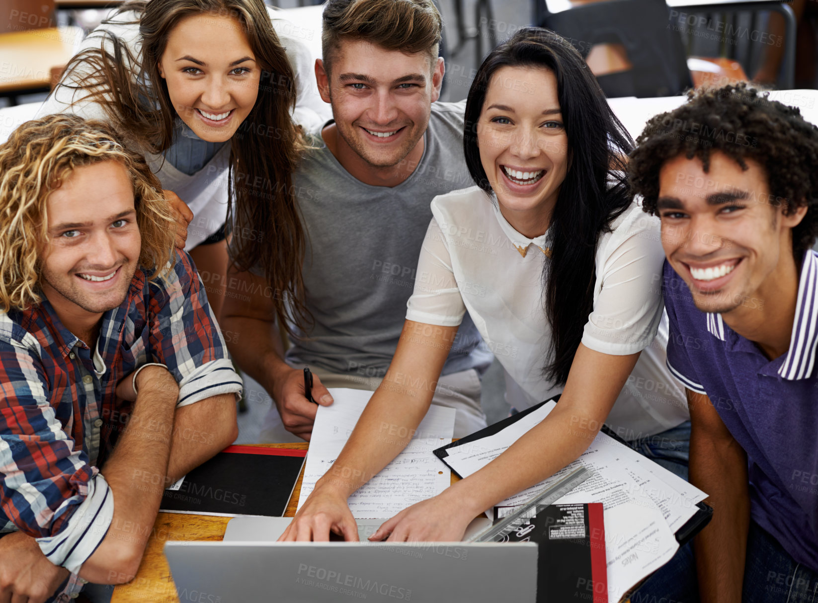 Buy stock photo Portrait, students and working together on laptop in classroom, assignment and online project in university. Scholarship, face or collaboration in college with diversity or blog for academic research