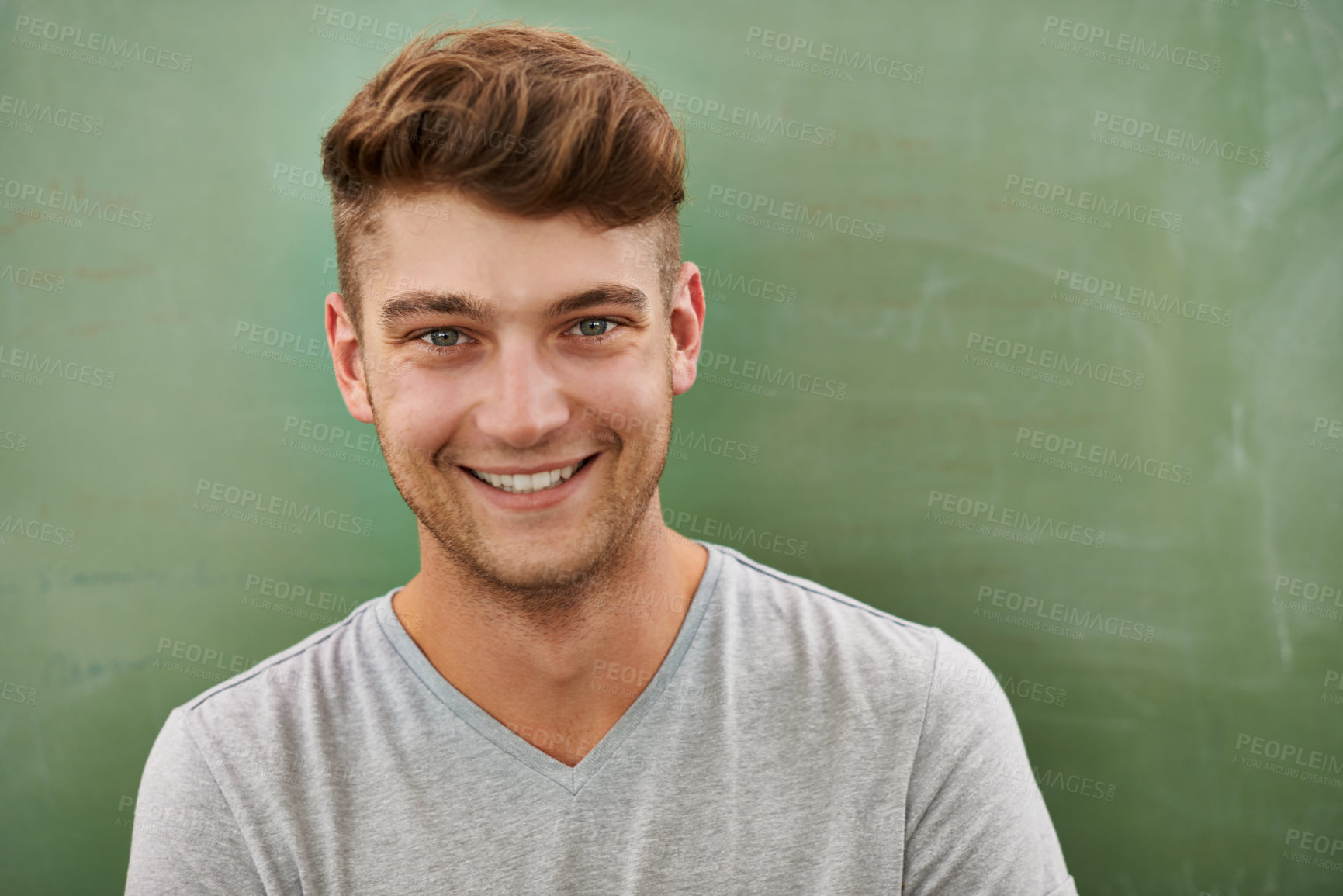 Buy stock photo Man, teacher and blackboard in portrait, education and planning curriculum or knowledge in class. Male person, professor and confidence for information at school, educator and training at college