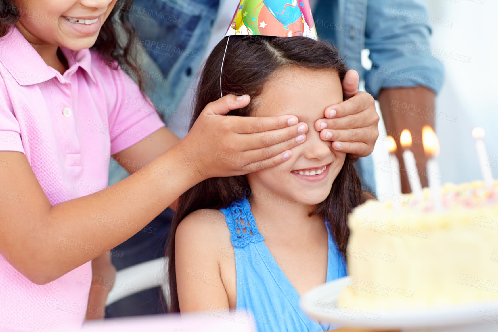 Buy stock photo Birthday party surprise, cake and happy children celebrate special event with friends, kids and dessert food. Wow celebration, childhood and excited smile for youth growth, young child or kid girl