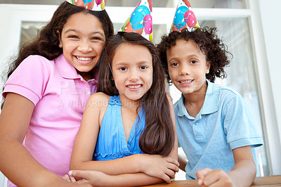Buy stock photo Birthday party portrait, happy celebration and children smile for special events, childhood friends or kids celebrating. Excited, happiness and youth group, young child or kid at fun friendship event