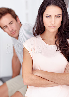 Buy stock photo Couple, ignoring and angry for conflict or fighting at home, stress and toxic relationship or marriage. People, silent treatment and frustration for divorce or breakup, unhappy and jealousy or fail