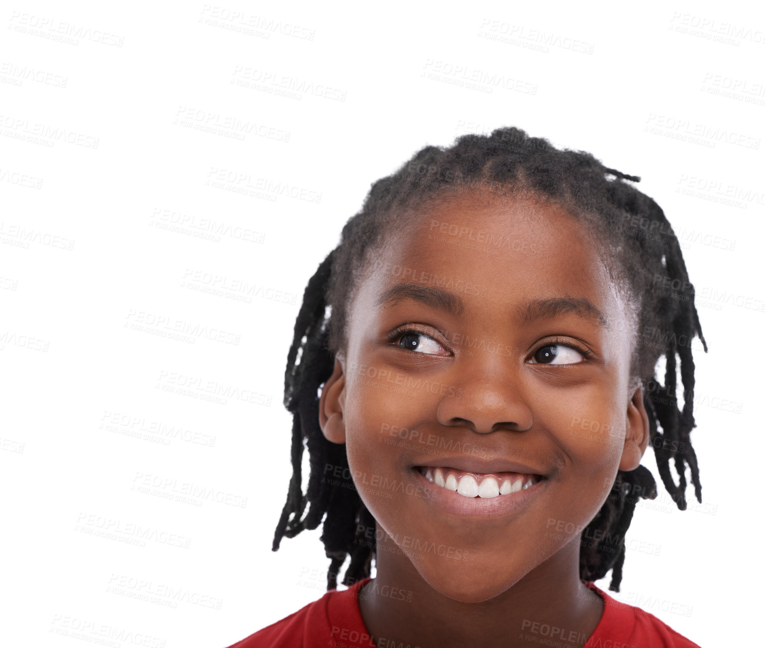 Buy stock photo Thinking, youth and smile with boy black child in studio isolated on white background for growth or development. Face, idea and happy, cool or confident with african kid for childhood progress