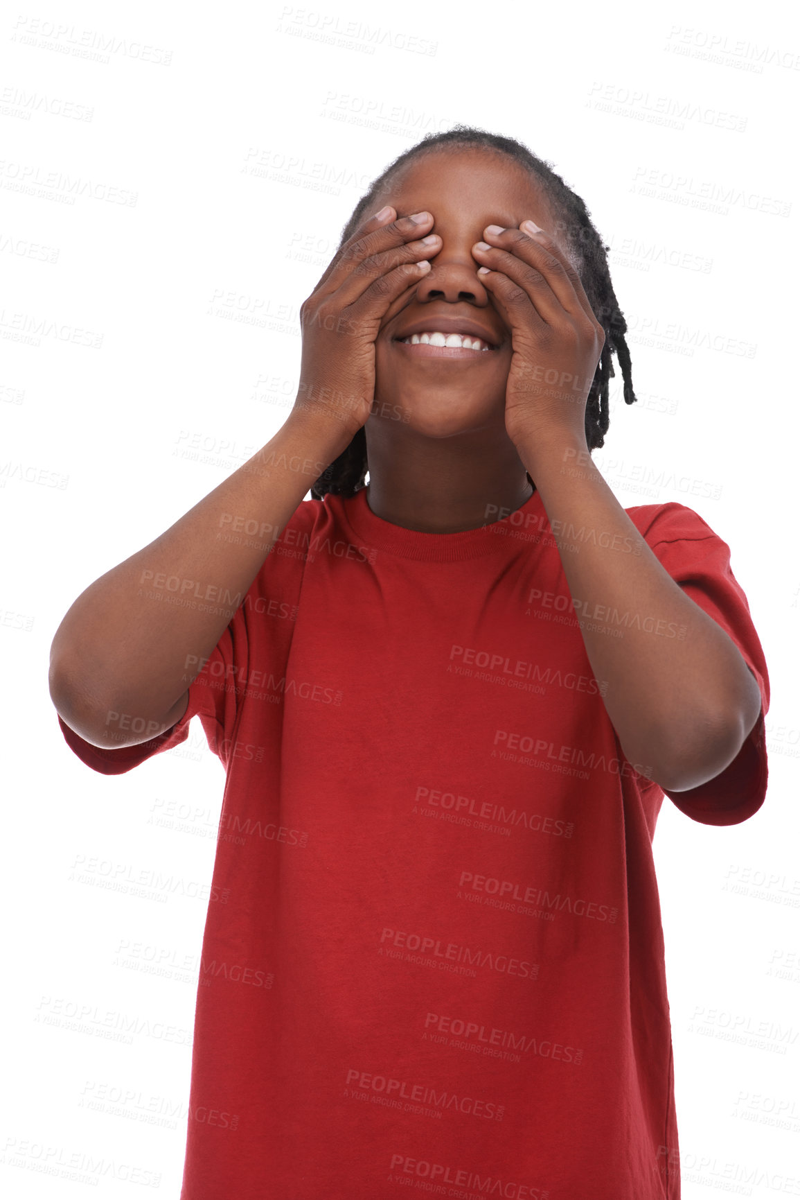 Buy stock photo Child, boy and cover eyes with hands for secret or surprise, hiding or protection, red tshirt and smile on white background. Emoji, happy African kid not looking for announcement or news in studio