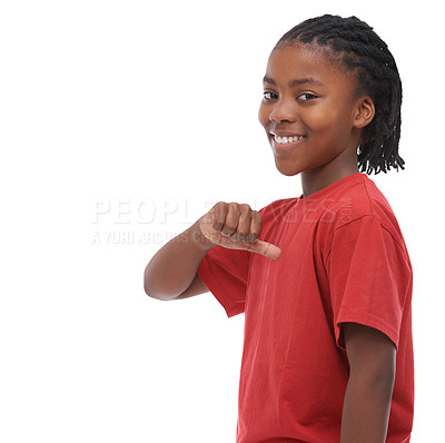 Buy stock photo Portrait, smile and pointing with boy black child in studio isolated on white background for growth or development. Space, children and happy, cool or confident african kid in red for marketing