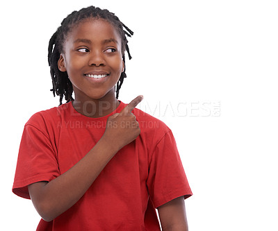 Buy stock photo African child, studio and pointing for promotion, smile and gesture at mockup. Black kid, white background and point at open space, ad and confidence for idea of thought, marketing and sales