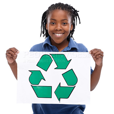 Buy stock photo Boy, child and recycling poster in portrait, social responsibility and environment with smile on white background. Waste management, eco friendly and African kid with sign for planet clean up and NGO