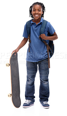 Buy stock photo Portrait, skateboard and happy african kid in studio isolated on white background for sports or leisure. Kids, smile or training and confident young skater boy with board for fun or recreation