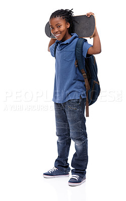 Buy stock photo Portrait, skateboard and happy african boy in studio isolated on white background for sports or leisure. Kids, smile or training and confident young skater kid with board for fun or recreation