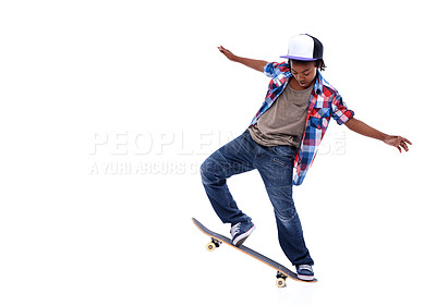 Buy stock photo Skateboard, black boy and kid in a studio with mockup and jump trick with young style. Isolated, white background and African male child with a skateboarding and skater with energy and skill