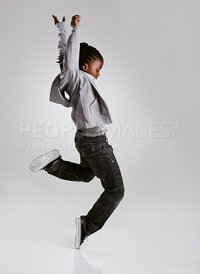 Buy stock photo Talent, hip hop and young boy dancer dancing isolated in a white studio background in a pose feeling excited. African, urban and kid or child with energy and skill ready for breakdance performance