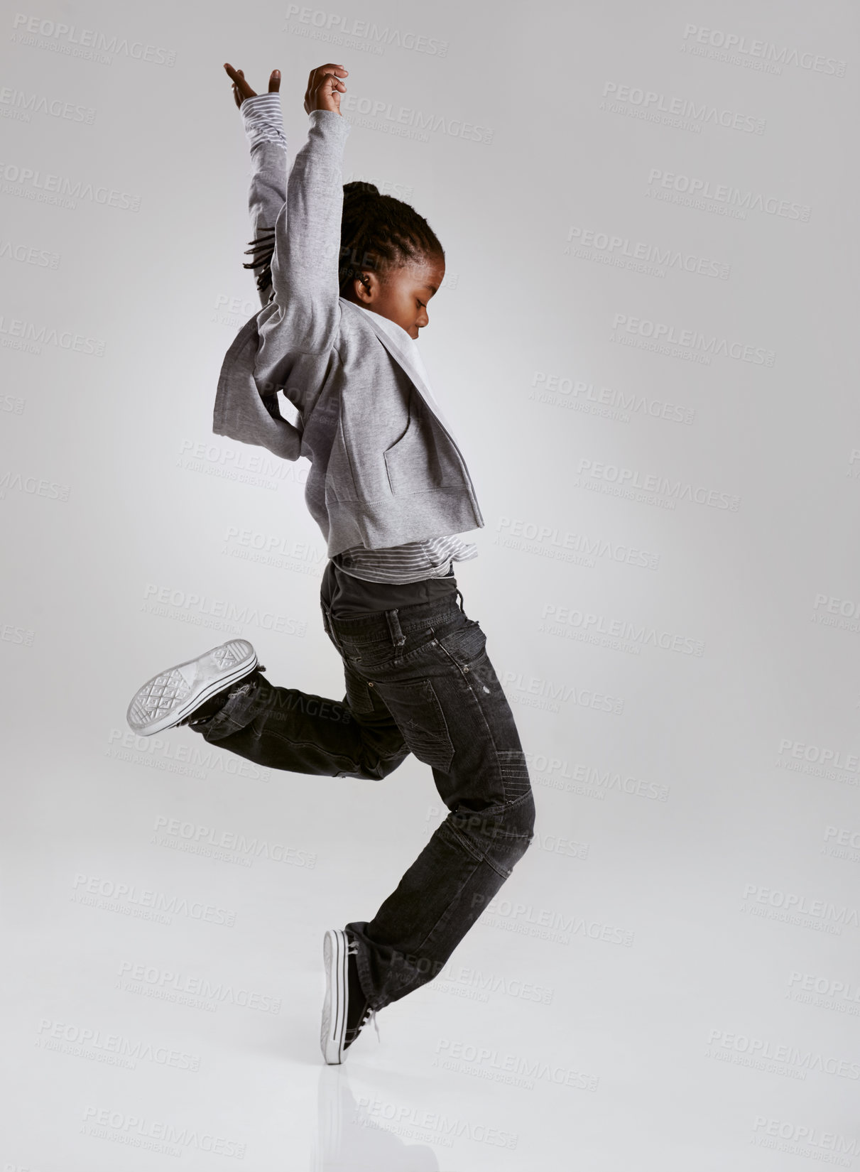 Buy stock photo Talent, hip hop and young boy dancer dancing isolated in a white studio background in a pose feeling excited. African, urban and kid or child with energy and skill ready for breakdance performance