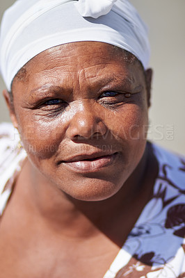 Buy stock photo Black woman, senior and skin portrait outdoor feeling relax and calm in the sun. Summer, real and African female person face with mature beauty closeup and natural wrinkles in retirement and sunshine