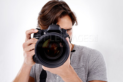 Buy stock photo Closeup of a photographer about to take your picture