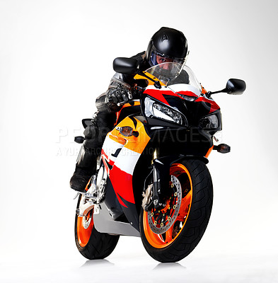 Buy stock photo Motorbike, athlete and person with challenge, competition and mockup space with training. Person, travel and rider with extreme sports and practice with freedom and danger with stunts and motorcycle