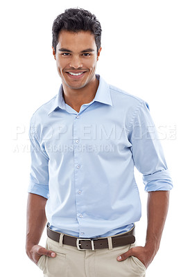 Buy stock photo Portrait, smile and business man in studio with professional, confidence and career on a white background. Happy Mexican person, accountant or employee in shirt for formal fashion, clothes and style