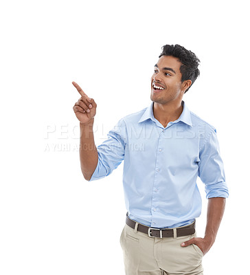 Buy stock photo Business man, pointing and presentation in studio for news, announcement or information of career or job. Excited employee, accountant or presenter with guide, steps or list on a white background