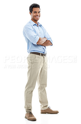 Buy stock photo Studio, happy and business man with arms crossed for confidence in his career on a white background. Portrait of person, accountant or worker in power, professional fashion and clothes for cool style